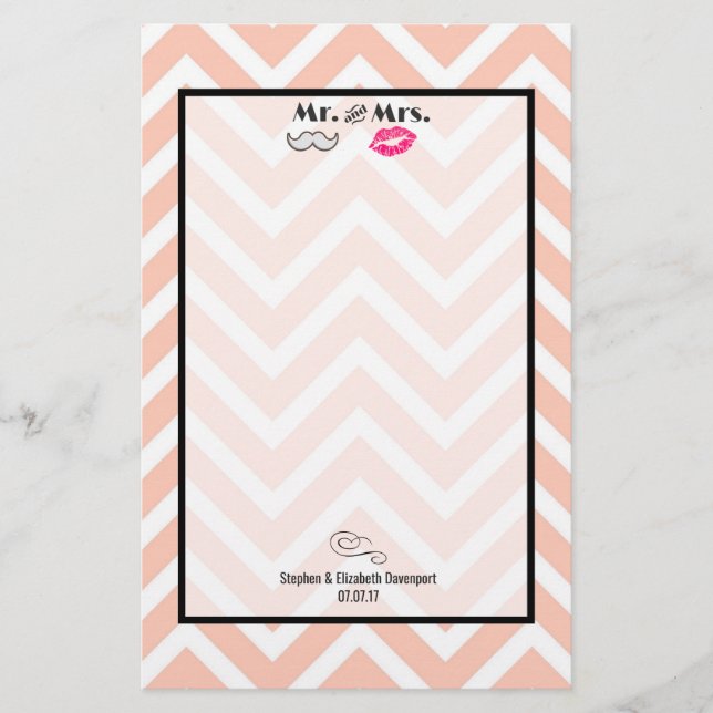 Moustache & Lips Mr. & Mrs. Peach Chevron Wedding Stationery (Front)