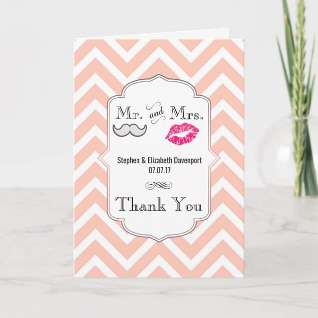 Moustache & Lips Mr. & Mrs. Wedding Thank You Card (Front)