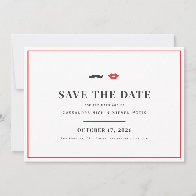 Moustache & Lips Save The Date Card (Front)