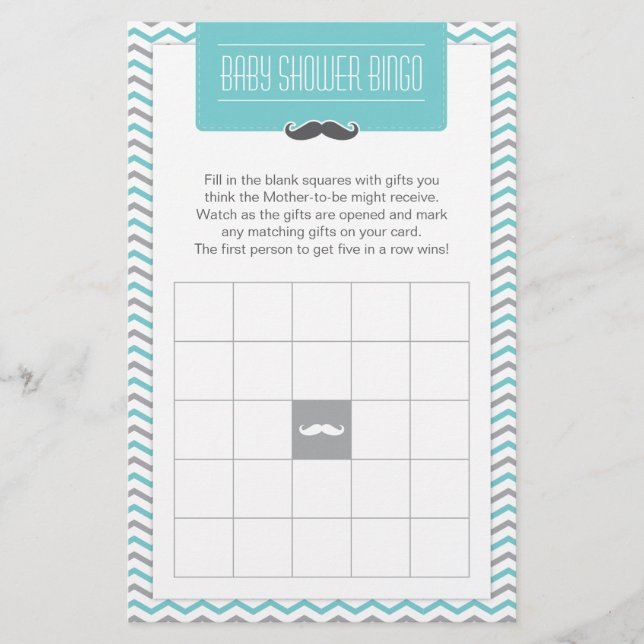 Moustache / Little Man Baby Shower Bingo Game Card (Front)
