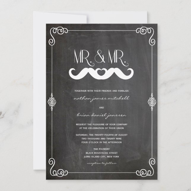 Moustache Love Vintage Chalkboard Gay Wedding Invitation (Front)