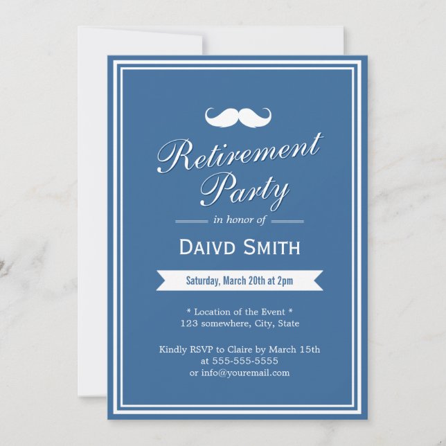Moustache Navy Blue Retirement Party Invitations (Front)