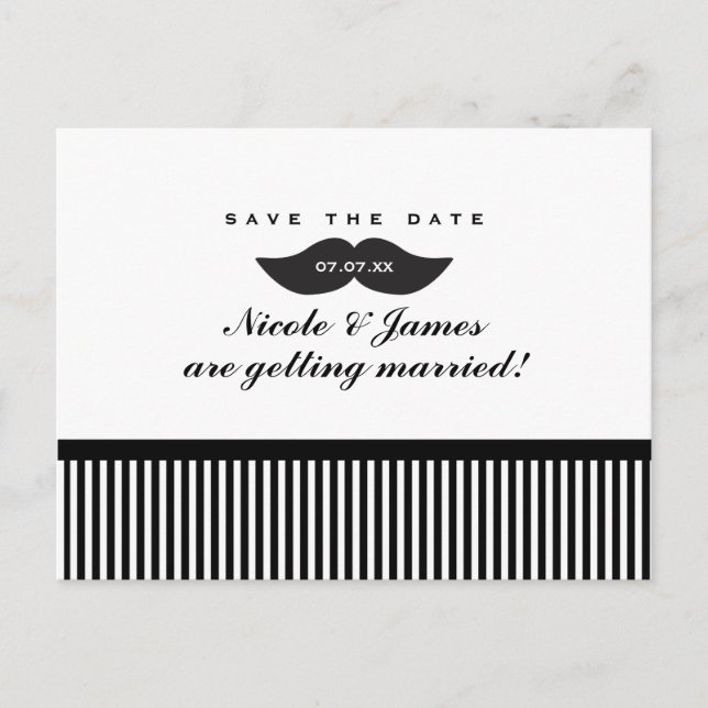 Moustache noir & blanc Enregistrer la date Carte p (Devant)