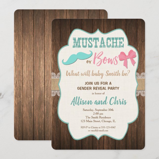 Moustache or bows Gender reveal invitation rustic (Front/Back)