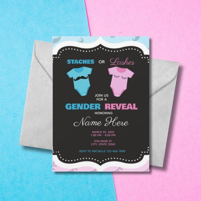 Moustache or Eyelashes Pink Blue Gender Reveal Invitation (Creator Uploaded)