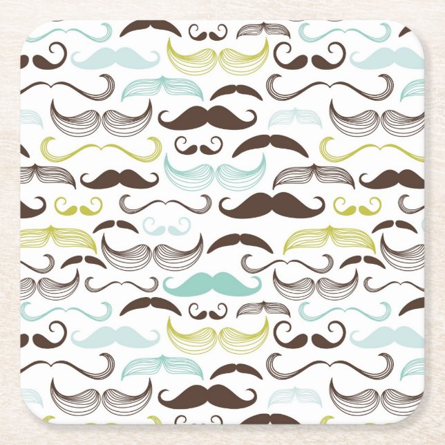 Moustache pattern, retro style 2 square paper coaster (Front)
