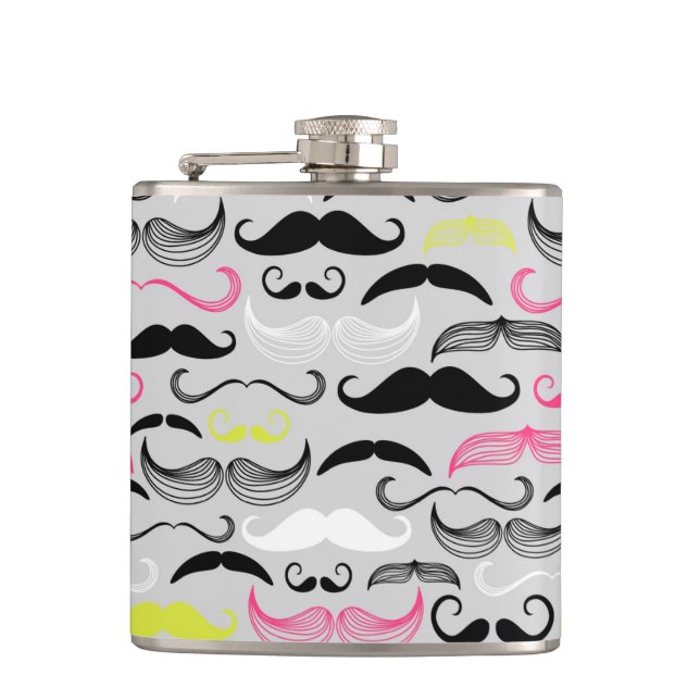 Moustache pattern, retro style hip flask (Front)