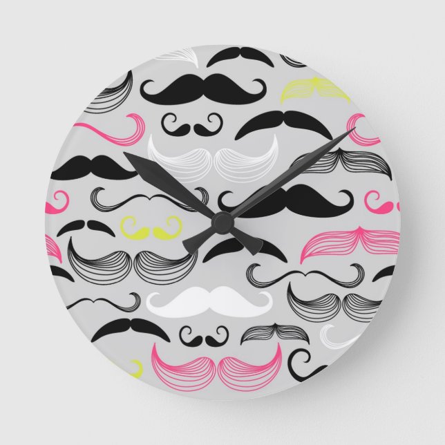 Moustache pattern, retro style round clock (Front)