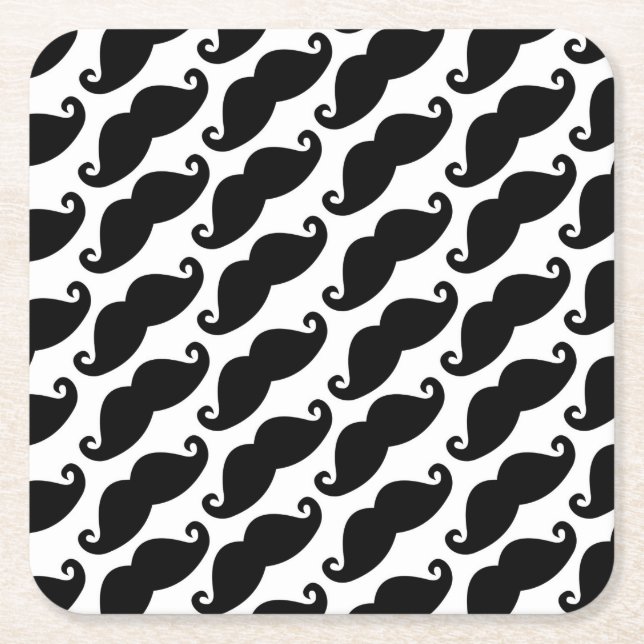 Moustache Pattern White and Black Square Paper Coaster (Front)