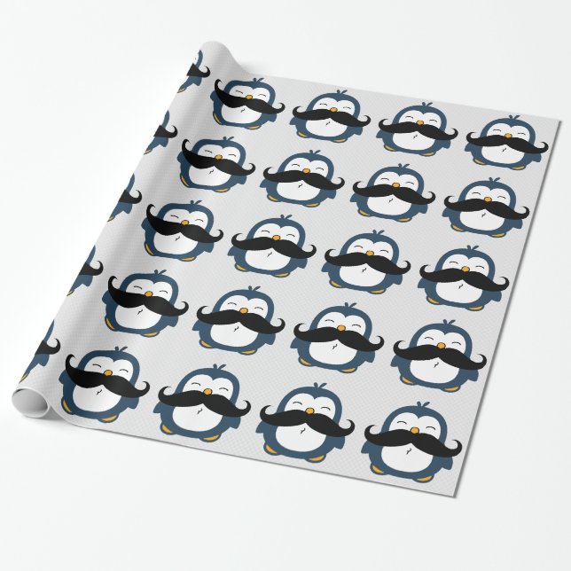 Moustache Penguin Cartoon Wrapping Paper (Unrolled)