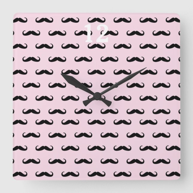 Moustache & Pink | Hourly square Square Wall Clock (Front)