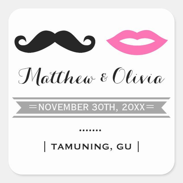 Moustache & Pink Lips Wedding Favour Stickers (Front)