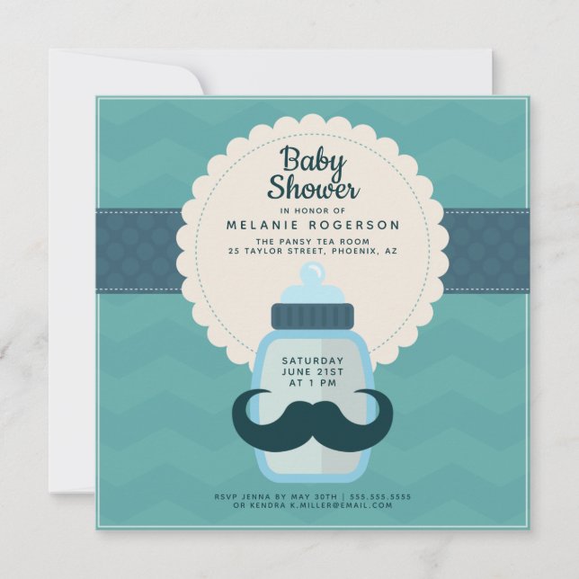 Moustache Polka Dot Teal Baby Shower Invitation (Front)
