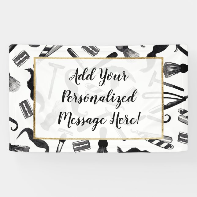 Moustache Razor Shaver Watercolor Barber Pattern Banner (Horizontal)