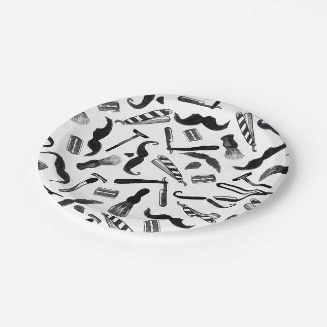 Moustache Razor Shaver Watercolor Barber Pattern Paper Plate (Angled)