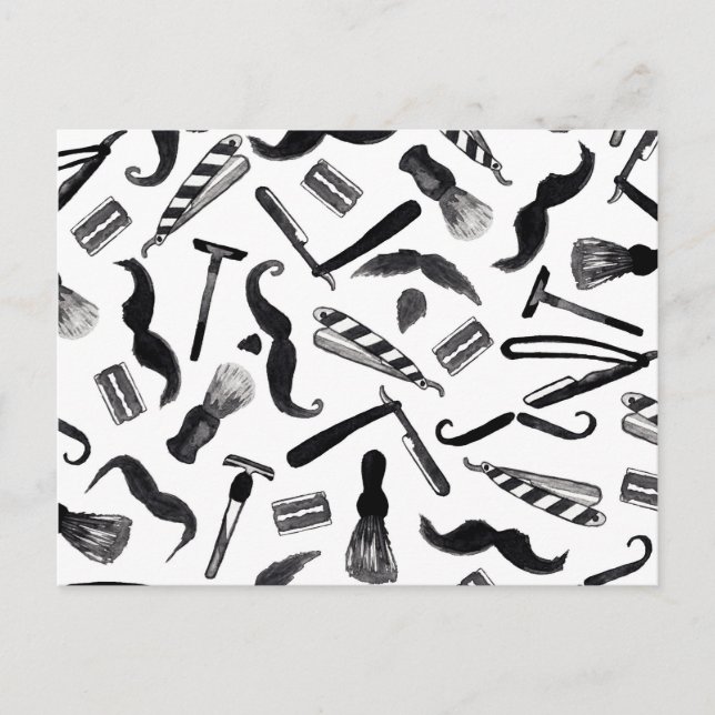 Moustache Razor Shaver Watercolor Barber Pattern Postcard (Front)