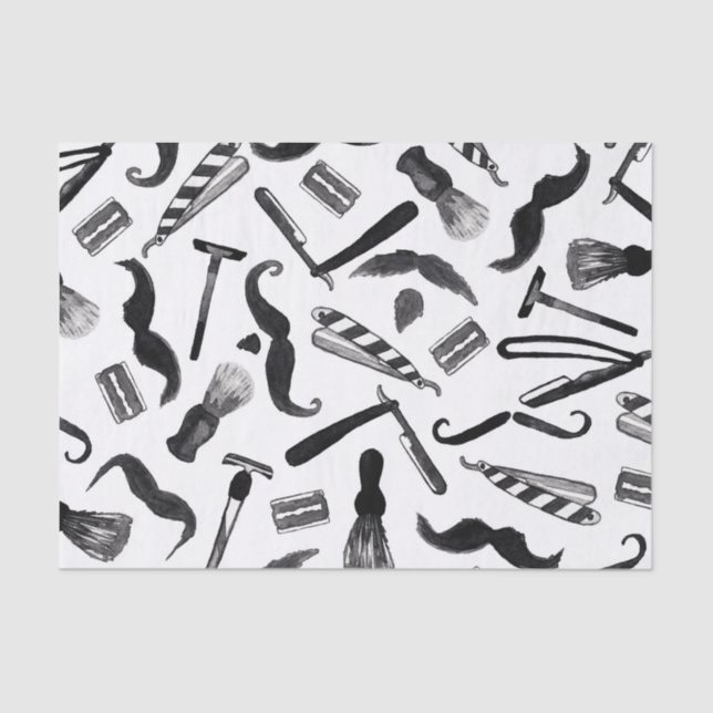 Moustache Razor Shaver Watercolor Barber Pattern Tissue Paper (Front)