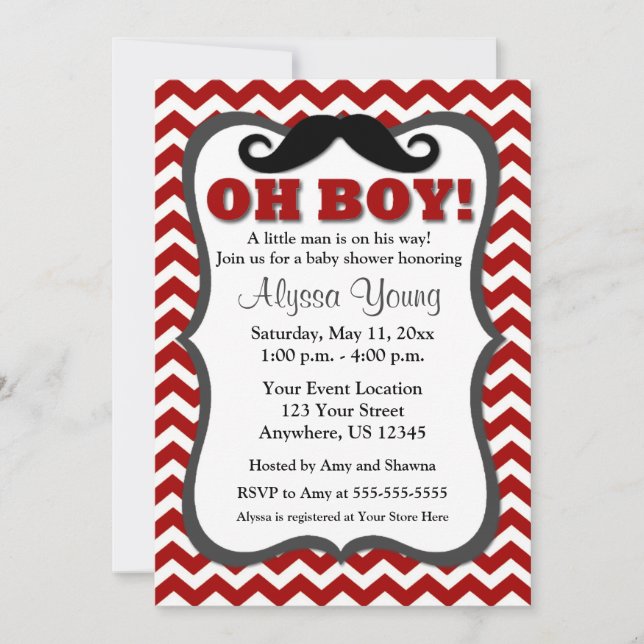 Moustache Red Chevron Baby Shower Invite (Front)