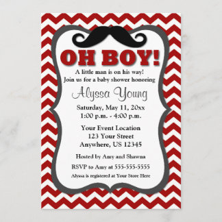 Moustache Red Chevron Baby Shower Invite