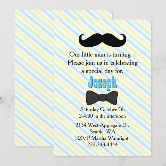 Moustache Striped First Birthday Invitation (Front/Back)