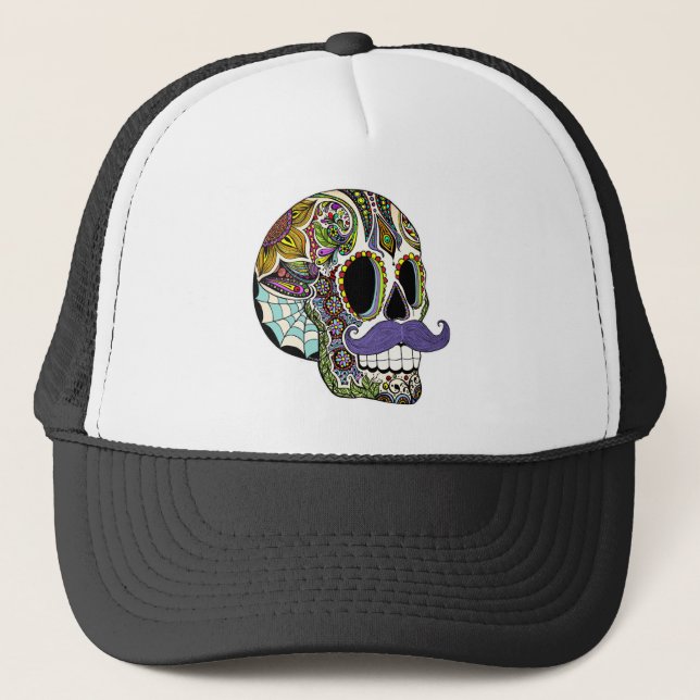 Moustache Sugar Skull Hat - Colour Version (Front)
