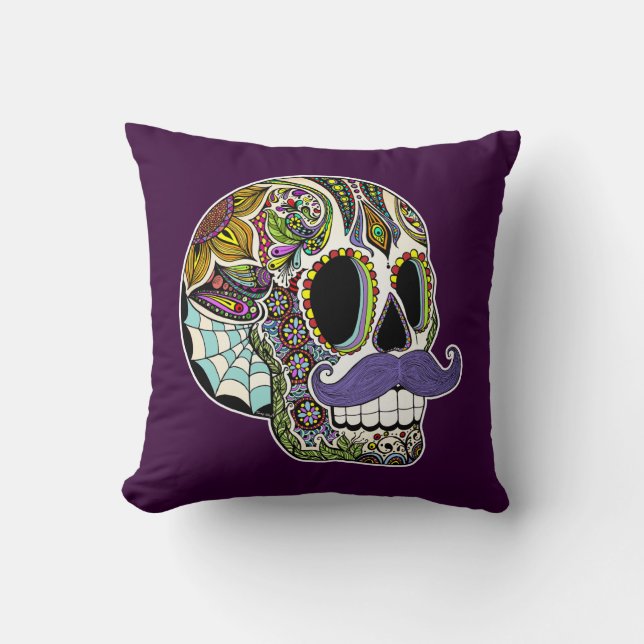 Moustache Sugar Skull Pillow - Colour Customizable (Front)