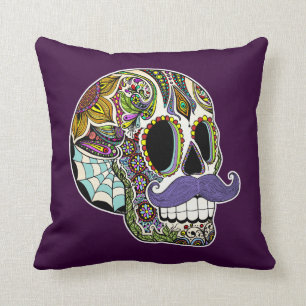 Moustache Sugar Skull Pillow - Colour Customizable