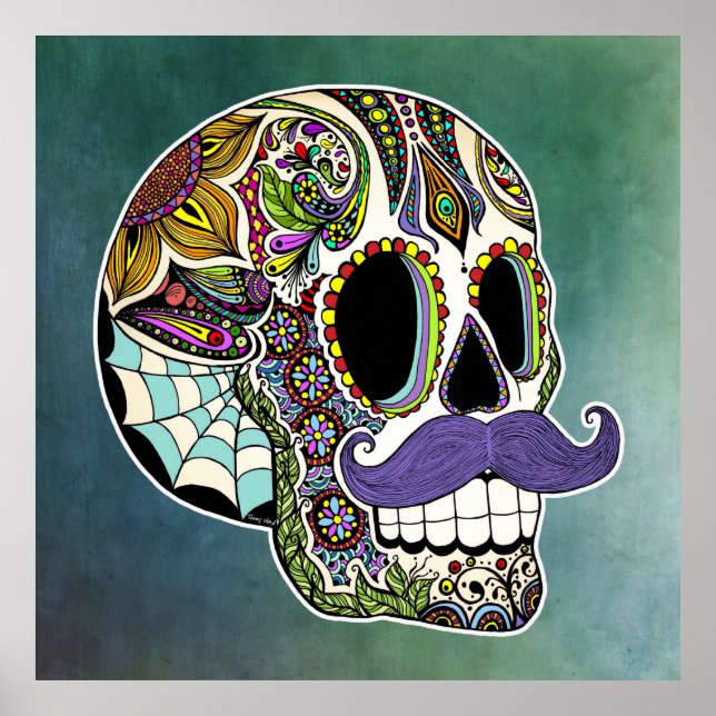 Moustache Sugar Skull Poster - Textured Background (Front)