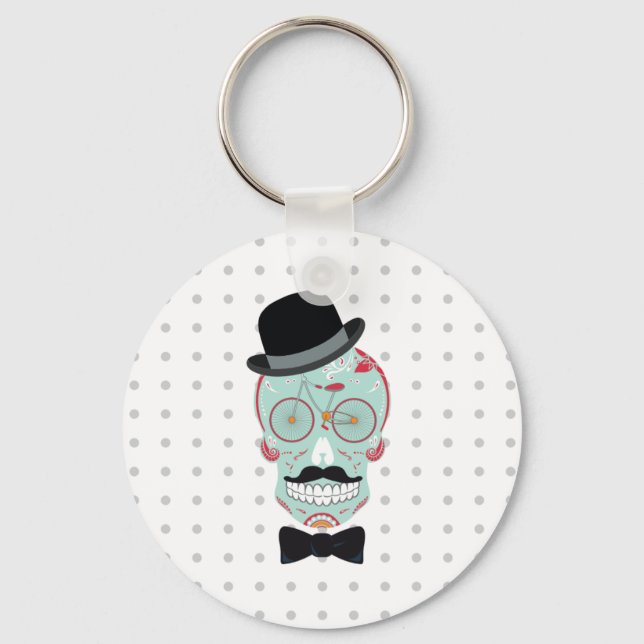 Moustache Top Hat Bicycle Sugar Skull keychain. Keychain (Front)
