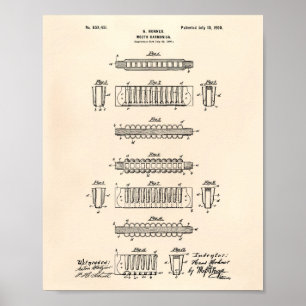 Mouth Harmonica 1900 Patent Art Old Peper Poster