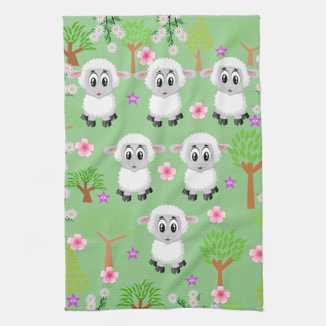 Moutons Arbres Floraux Cuisine Serviette à main (Vertical)