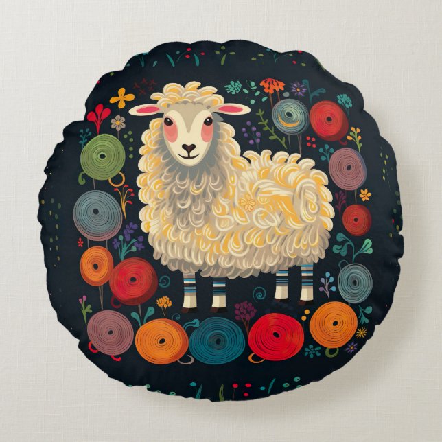 Moutons avec coussin rond en fil coloré (Devant)