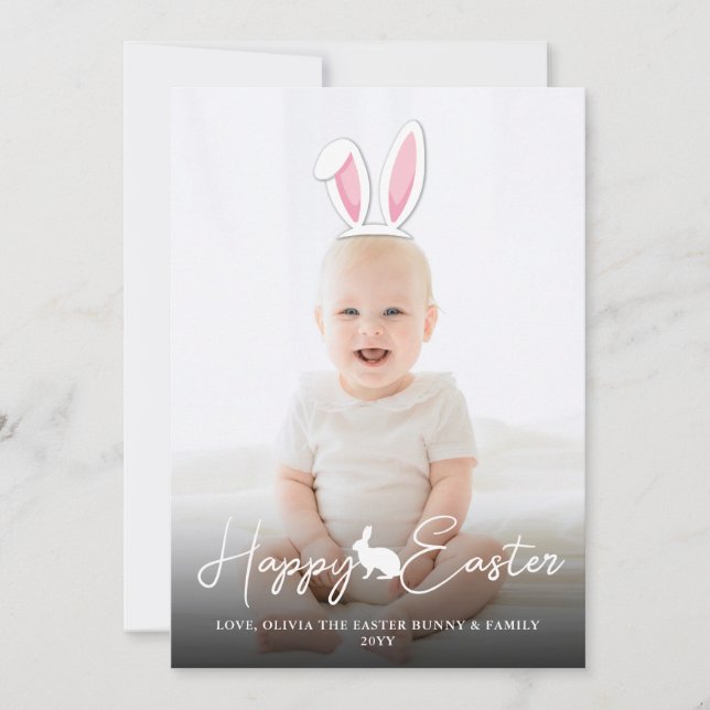Movable Pink Bunny Ears Photo Overlay Happy Easter Card (Front)