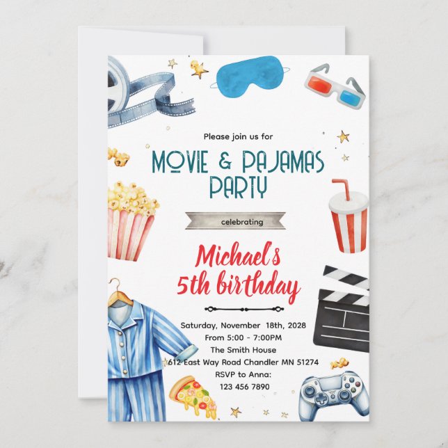 Movie and Pajamas boy theme invitation (Devant)