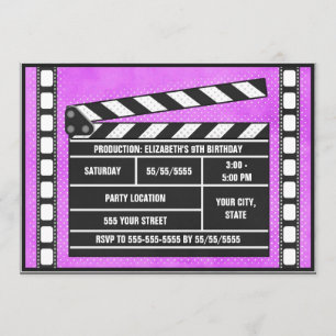 Movie Birthday Party Clapboard Purple Invitation