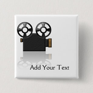 Movie Camera in Black and Gold on White 2 Inch Square Button