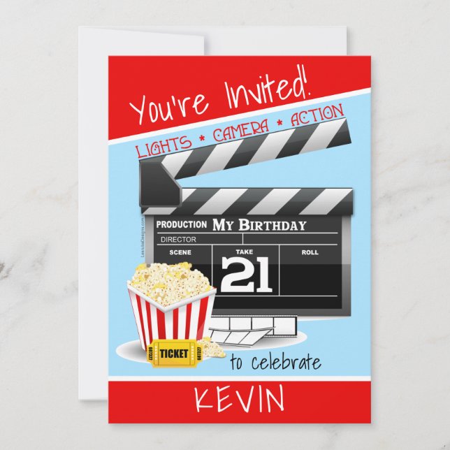 Movie Clapboard Popcorn 21st Birthday Party Invitation (Front)