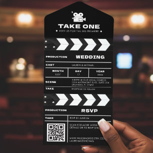 Movie Film Clapboard QR Code Wedding All In One Invitation