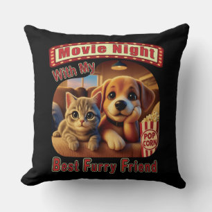 Movie Night - Best Furry Friend - Cute Cat & Dog Throw Pillow