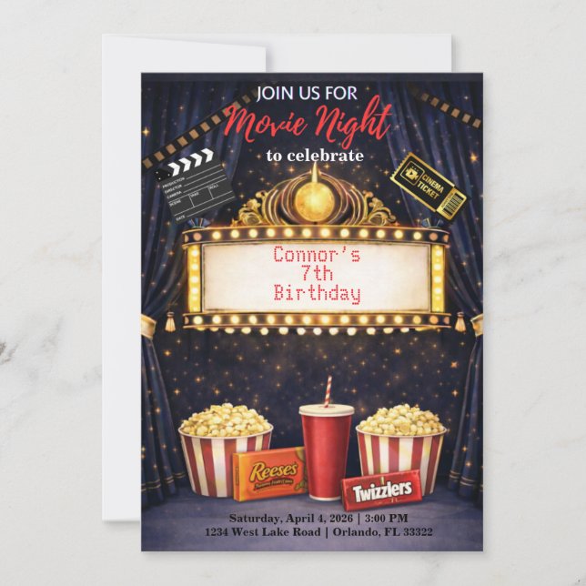 Movie Night Birthday Invitation  (Devant)
