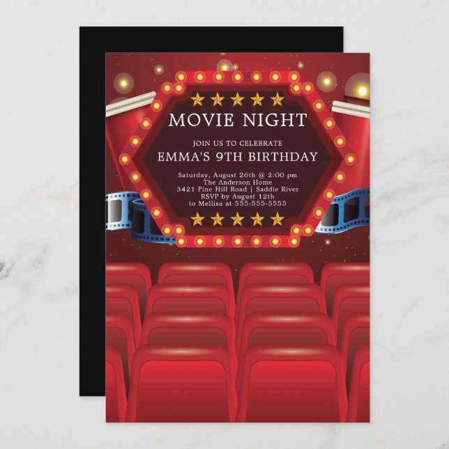 Movie Night Birthday Party Invitations (Front/Back)