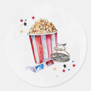 Movie Night Birthday Round Stickers, Cinema Tags