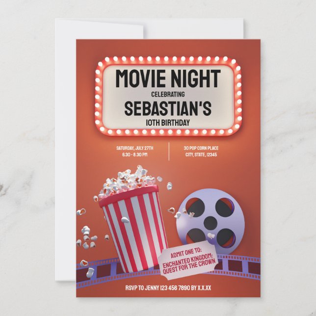 Movie Night Kids Birthday Party Invitation  (Front)