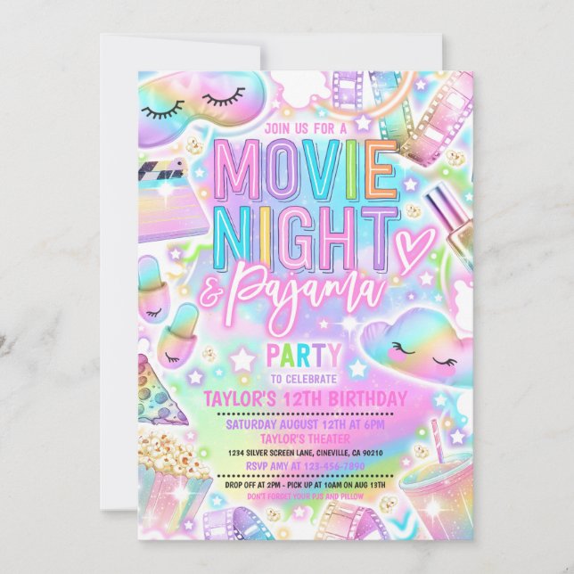 Movie Night Pajama Pastel Rainbow Birthday Party Invitation (Front)