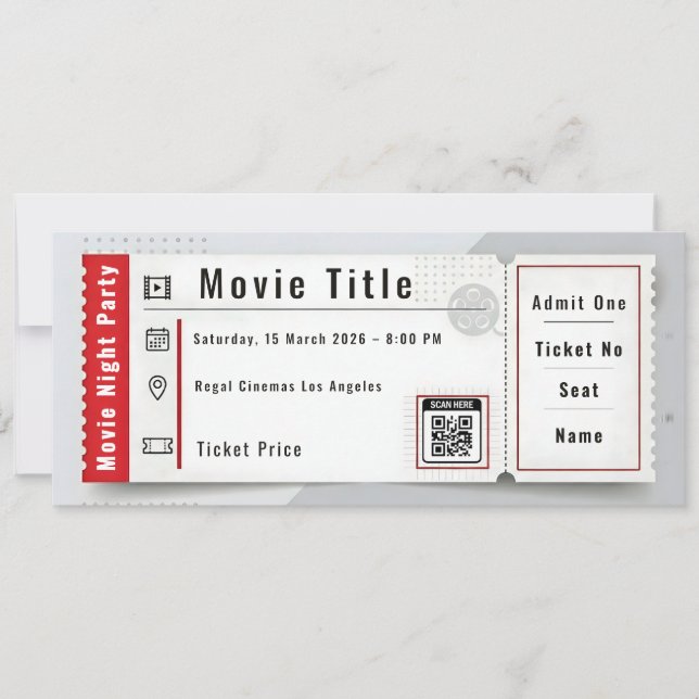 Movie Night Party Ticket Invitation (Front)