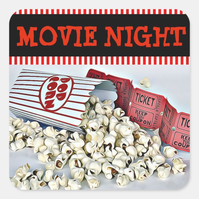 Movie Night Popcorn Birthday Party Stickers (Front)