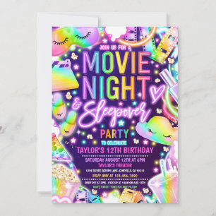 Movie Night Sleepover Neon Rainbow Birthday Invitation