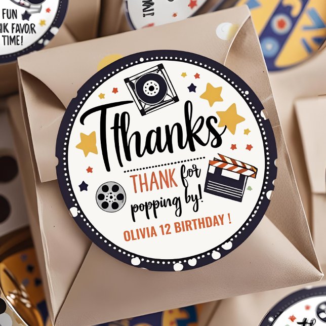 Movie Night Thank You Sticker | Popcorn Birthday  (Créateur téléchargé)