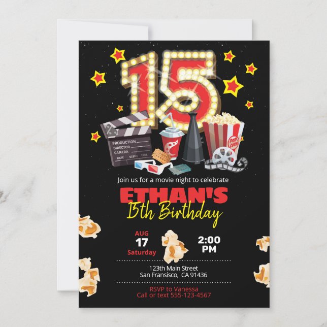 Movie night, Theatre - 15th Birthday Invitation (Front)