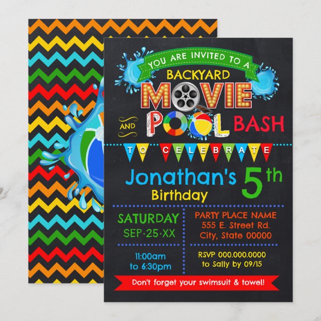 Movie Pool Birthday Party Bash Primary Colours Invitation (Front/Back)